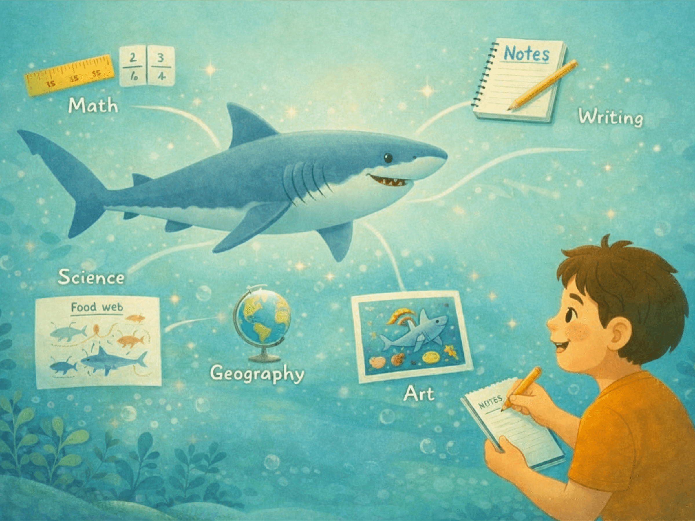Child at aquarium using a tablet while a shark swims by