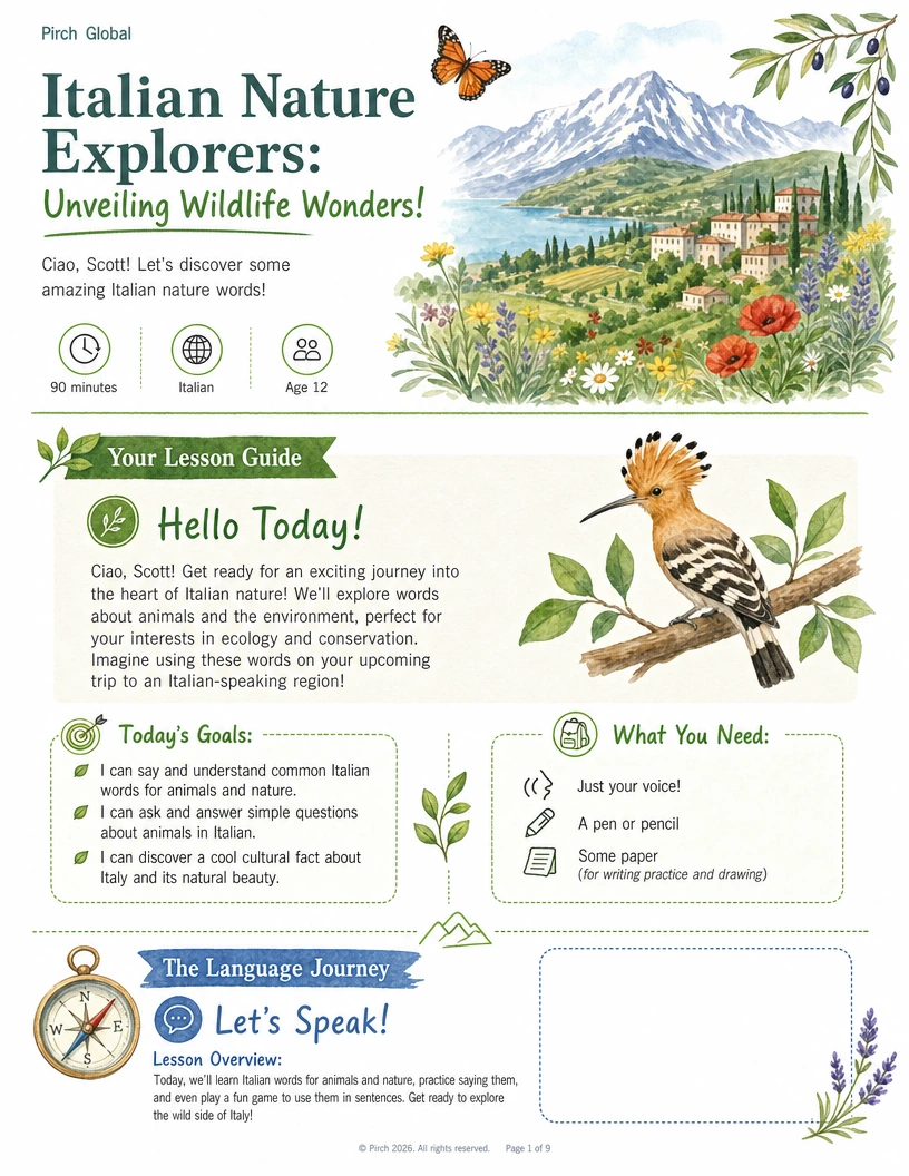 An actual illustrated Pirch Italian nature lesson page